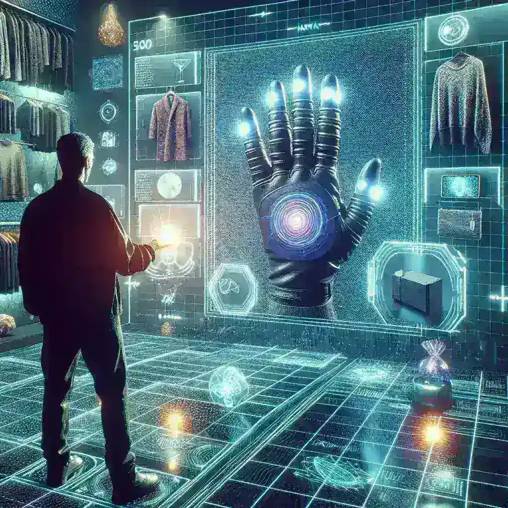 "Imagen de dispositivos de tecnología háptica que mejoran la experiencia de compra online, mostrando cómo reflejan texturas y sensaciones táctiles en un entorno digital para una inmersión mayor."